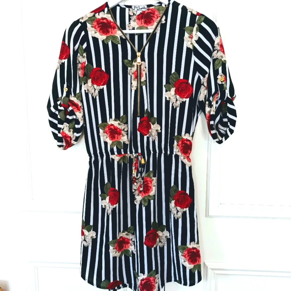 Rose print cinched waist shirt dress - Picture 1 of 4